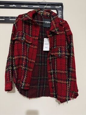 Zara Red Plaid Tweed Jacket